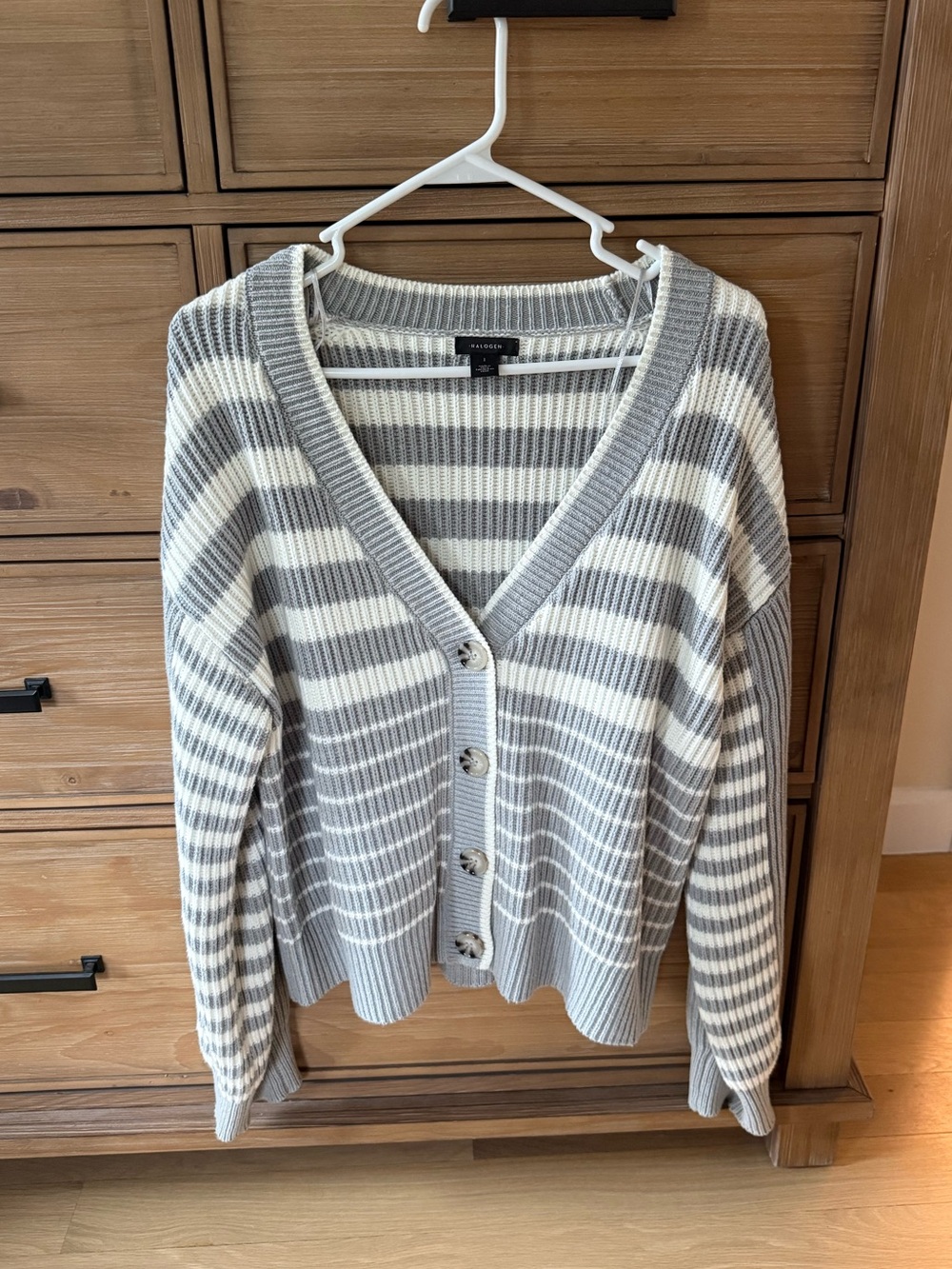 Halogen Striped Ribbed V-Neck Button Cardigan